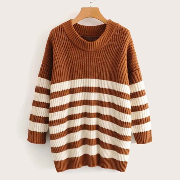 

Drop Shoulder Ribbed Knit Stripe Sweater, Brown