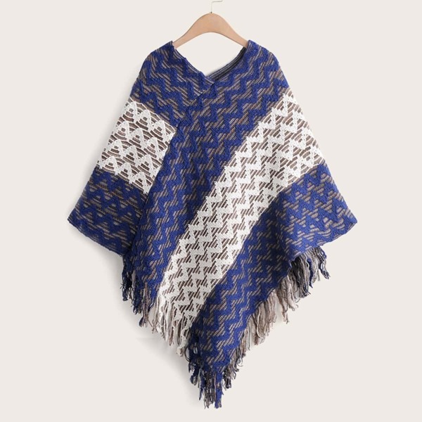 

Cut And Sew Fringe Hem Poncho Sweater, Multicolor