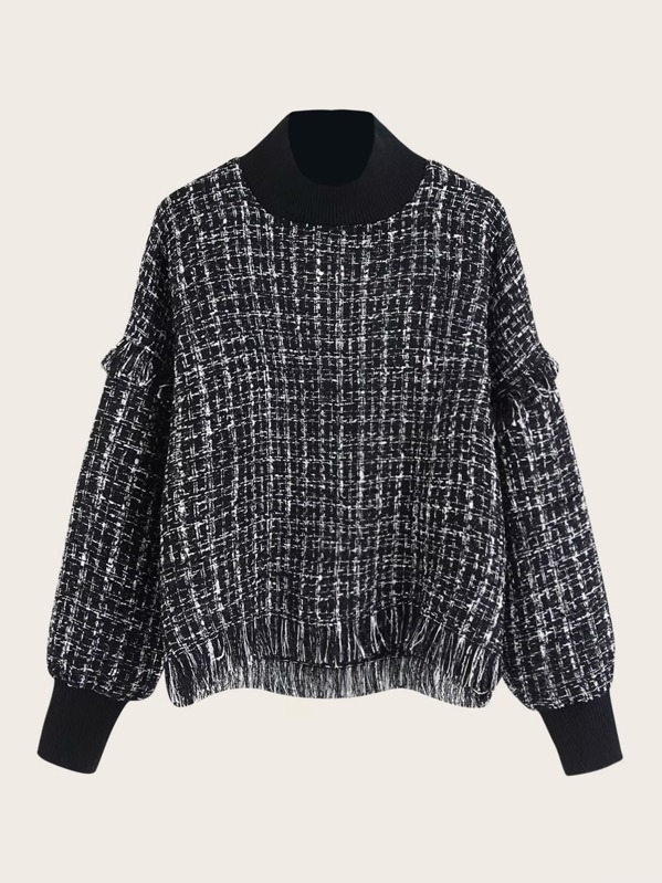 

Drop Shoulder Fringe Trim Tweed Sweatshirt, Black