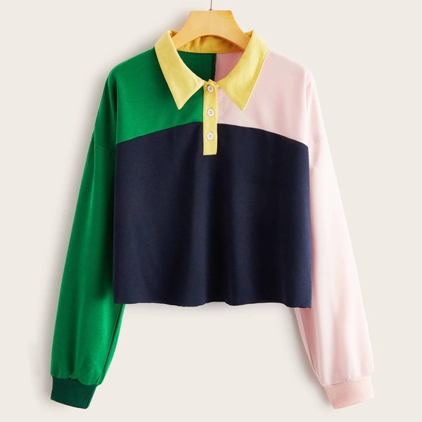 

Color-block Button Front Polo Collar Sweatshirt, Multicolor