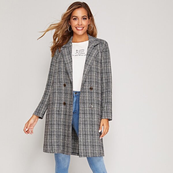 

Notch Collar Double Breasted Plaid Coat, Grey