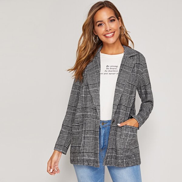 

Notch Collar Pocket Front Glen Print Blazer, Grey