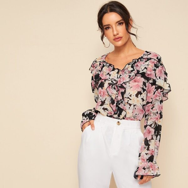 

Allover Floral Print Ruffle Trim Top