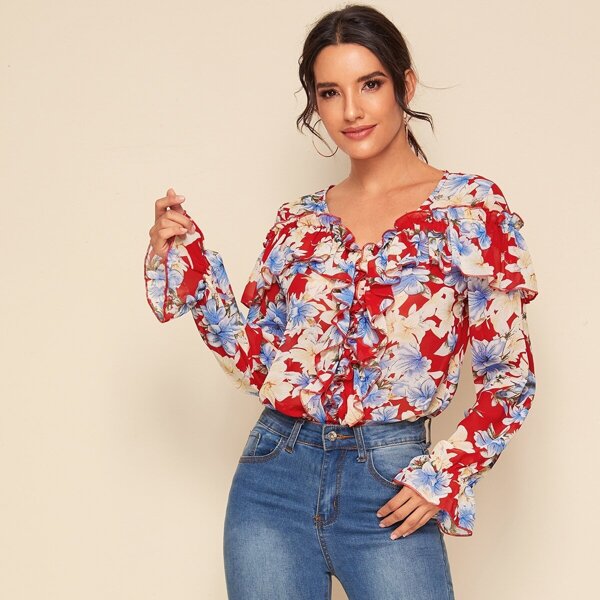 

Allover Floral Print Ruffle Trim Top, Multicolor