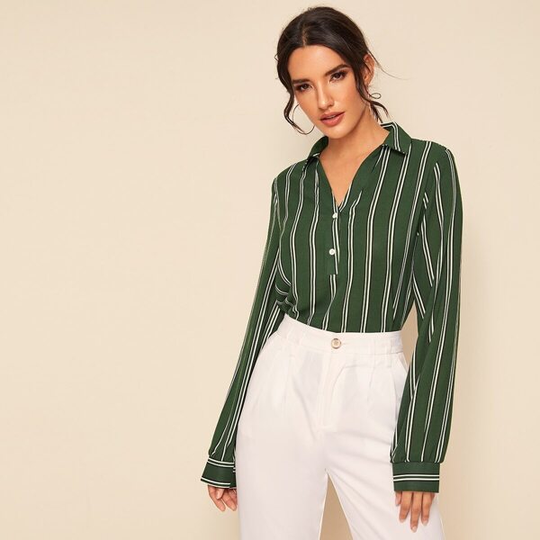 

Button Half Placket Striped Top, Green