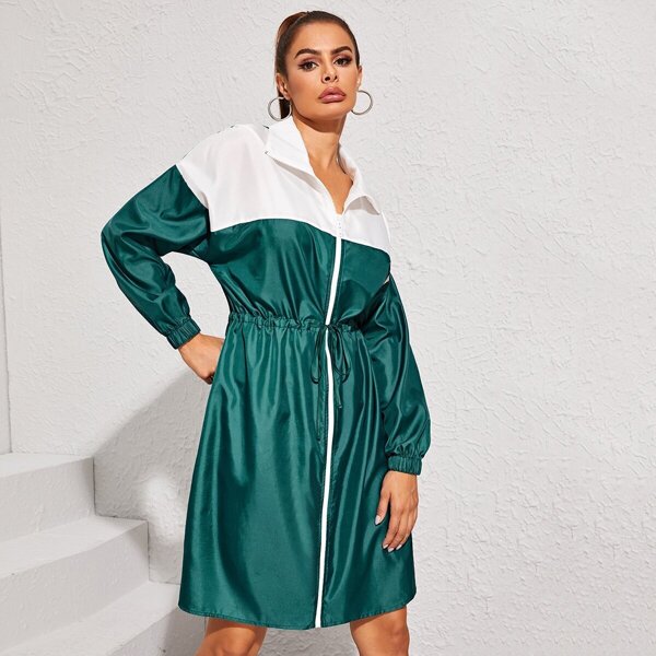 

Two Tone Drawstring Waist Zip Up Windbreaker Jacket, Green