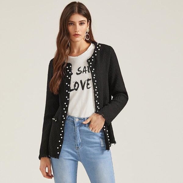 

Raw Hem Pearl Beaded Tweed Coat, Black