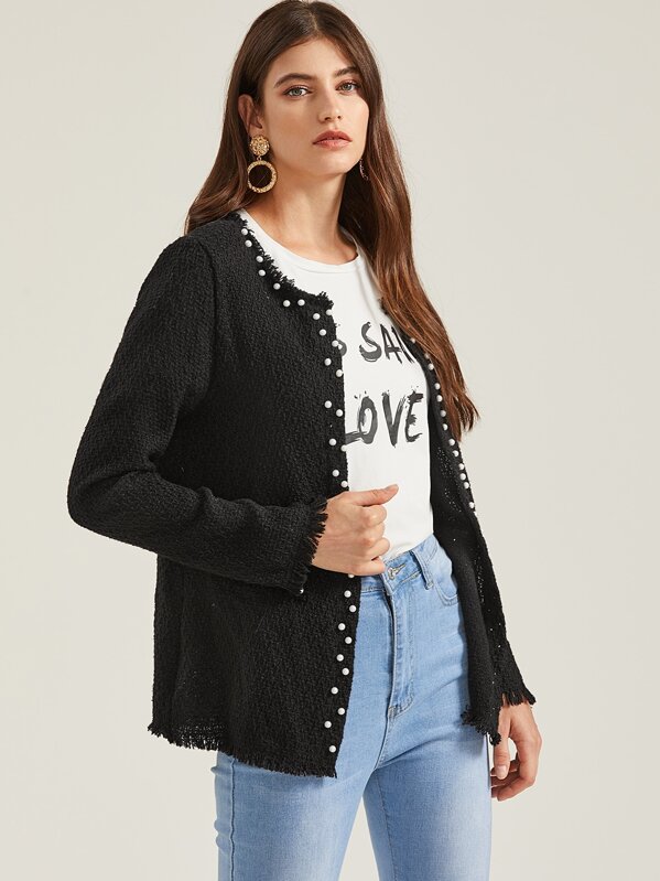 

Raw Hem Pearl Beaded Tweed Coat, Black, GG