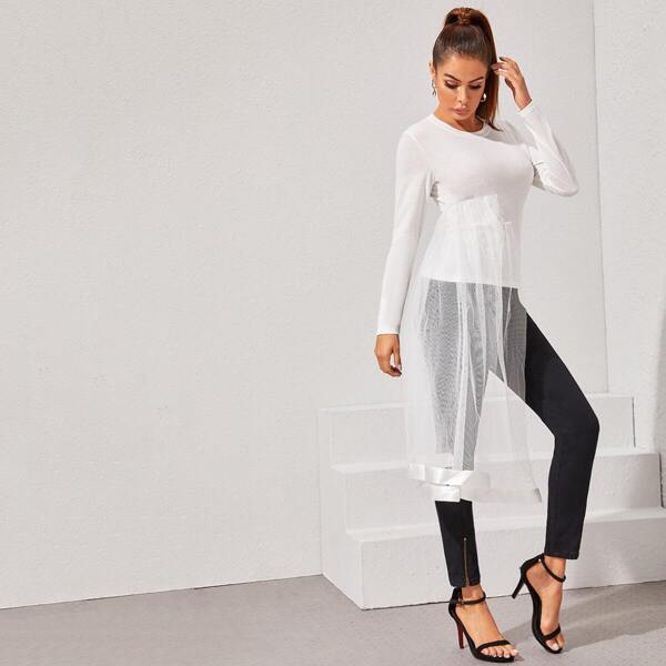 

Solid Fitted Tee With Double Layer Mesh, White