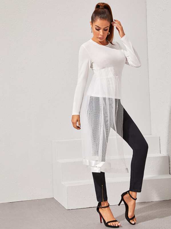 

Solid Fitted Tee With Double Layer Mesh, White, Andy