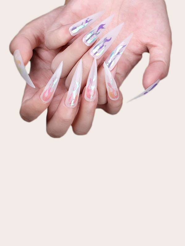 

24pcs Holographic Fire Pattern Fake Nails & 1sheet Random Sticker, Multicolor