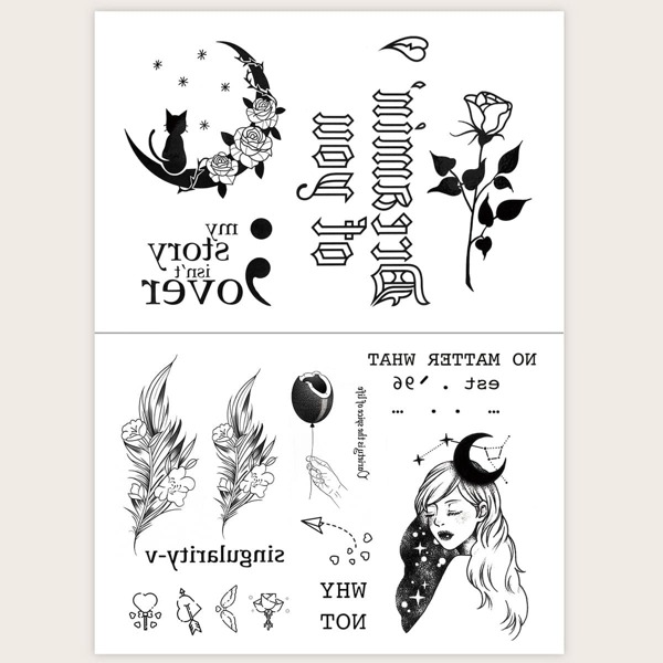 

2sheets Girls & Rose Pattern Tattoo Sticker, Black