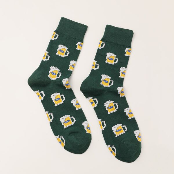 

1pair Men Beer Pattern Socks, Green