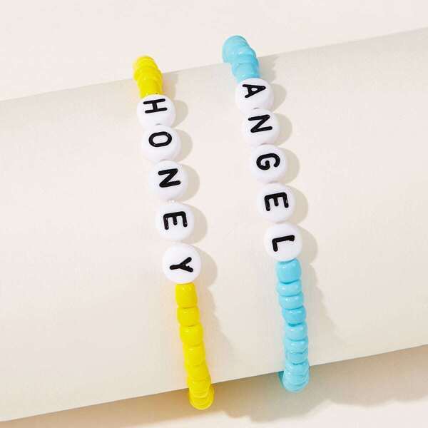

2pcs Letter Print Beaded Bracelet Set, Multicolor