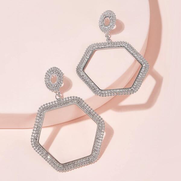 1pair Rhinestone Hollow Hexagon Drop Earrings, Silver