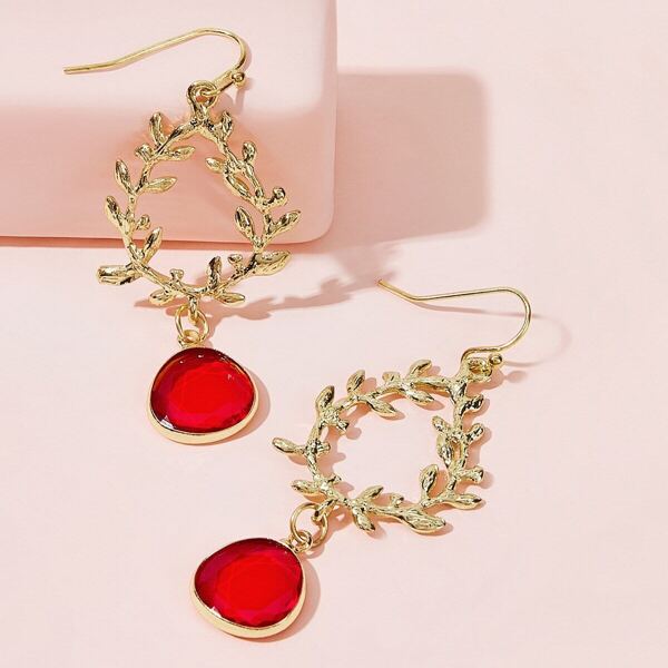 

1pair Wreath & Gemstone Decor Waterdrop Earrings, Gold