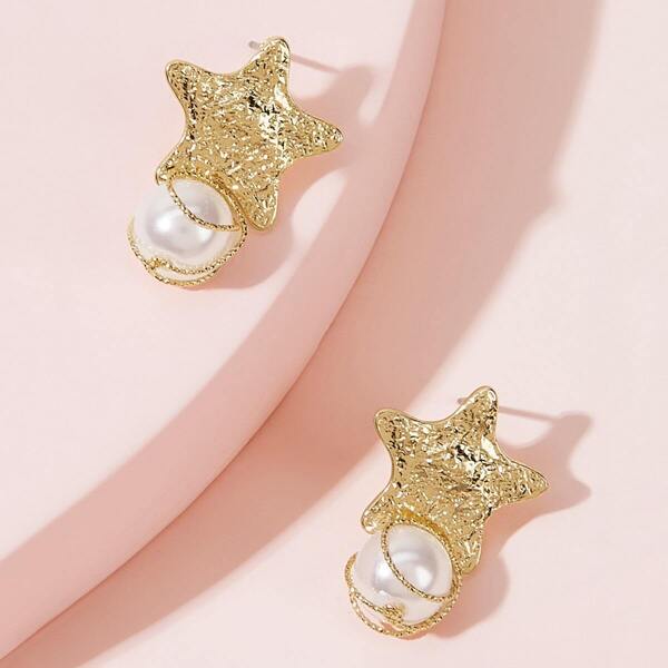 

1pair Textured Star & Faux Pearl Decor Stud Earrings, Gold