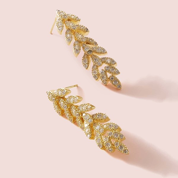 

1pair Flash Diamond Leaf Earrings, Gold