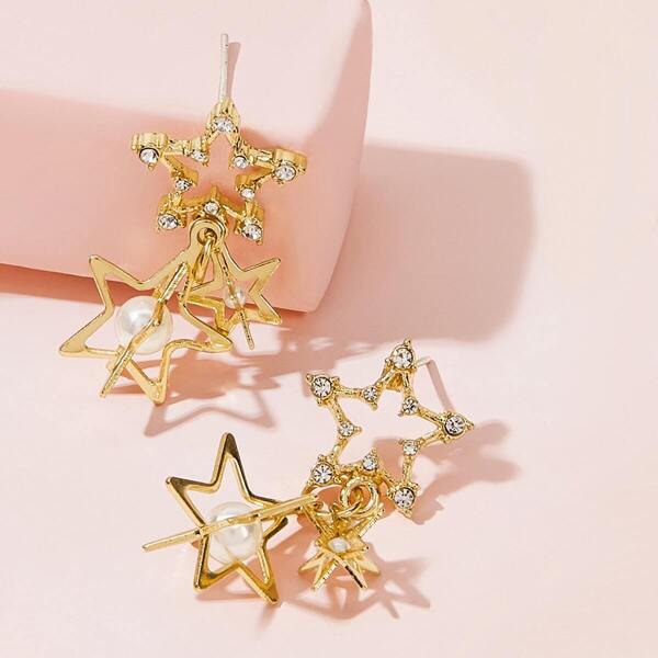 

1pair Hollow Star & Faux Pearl Drop Earring, Gold