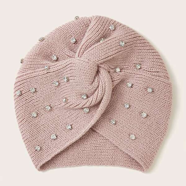 

Rhinestone Decor Knit Turban Hat, Pink