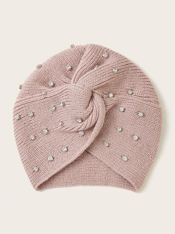 

Rhinestone Decor Knit Turban Hat, Pink