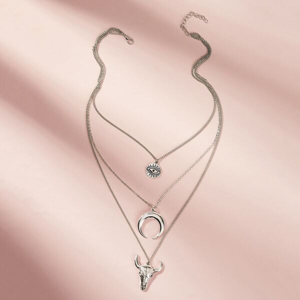 

1pc Moon & Eye Charm Layered Necklace, Silver