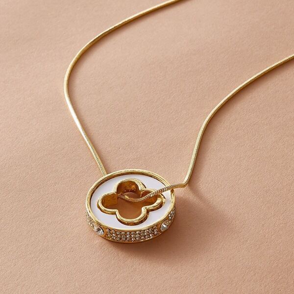 

1pc Round Clover Charm Necklace, Gold