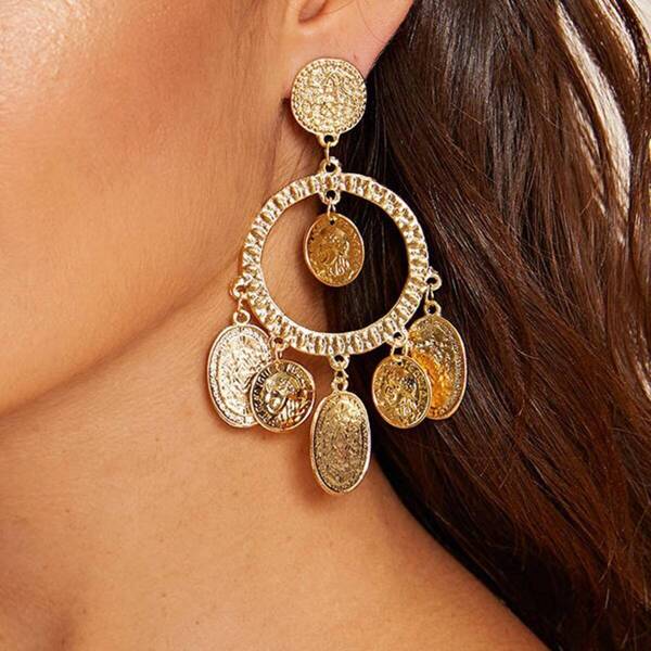 

Textured Coin Tassel Drop Earrings 1pair, Gold