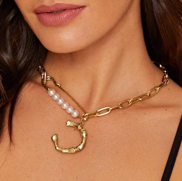 

Faux Pearl Decor Paper Clip Charm Chain Necklace 1pc, Gold