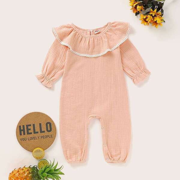 

Baby Girl Embroidery Trim Ruffle Collar Jumpsuit, Pink pastel