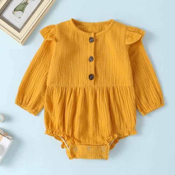 

Baby Girl Half Button Ruffle Trim Romper, Yellow