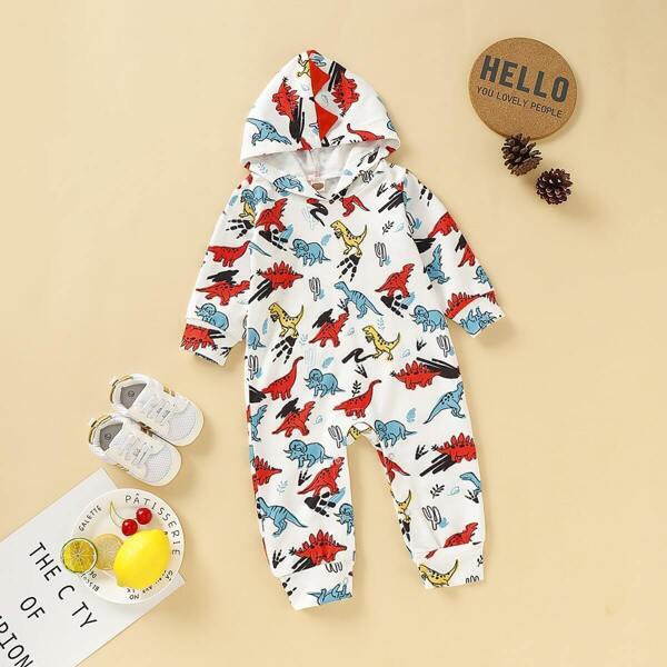 

Baby Boy Allover Dinosaur Print Hooded Jumpsuit, Multicolor