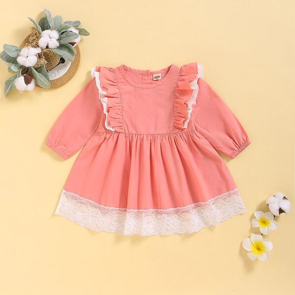 

Baby Girl Lace Panel Ruffle Trim Babydoll Dress, Pink