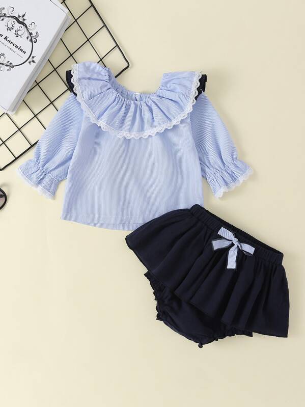 

Baby Girl Lace Panel Striped Blouse With Ruffle Shorts, Multicolor