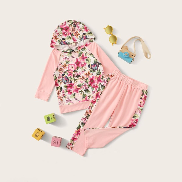 

Toddler Girls Contrast Panel Floral Print Hoodie With Pants, Pink