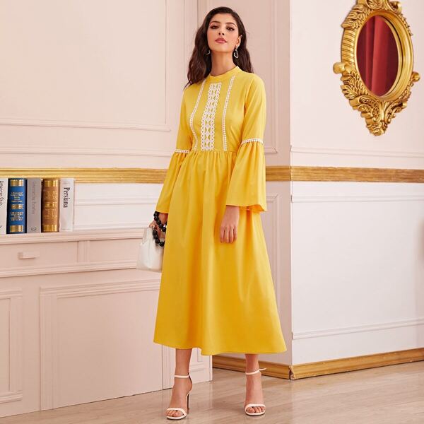 

Lace Panel Flounce Sleeve A-line Dress, Yellow