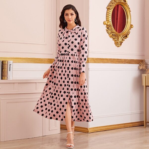 

Polka Dot Tie Neck Button Front Pleated Dress, Pink