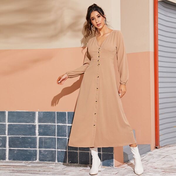 

V-neck Gathered Bust Button Front A-line Dress
