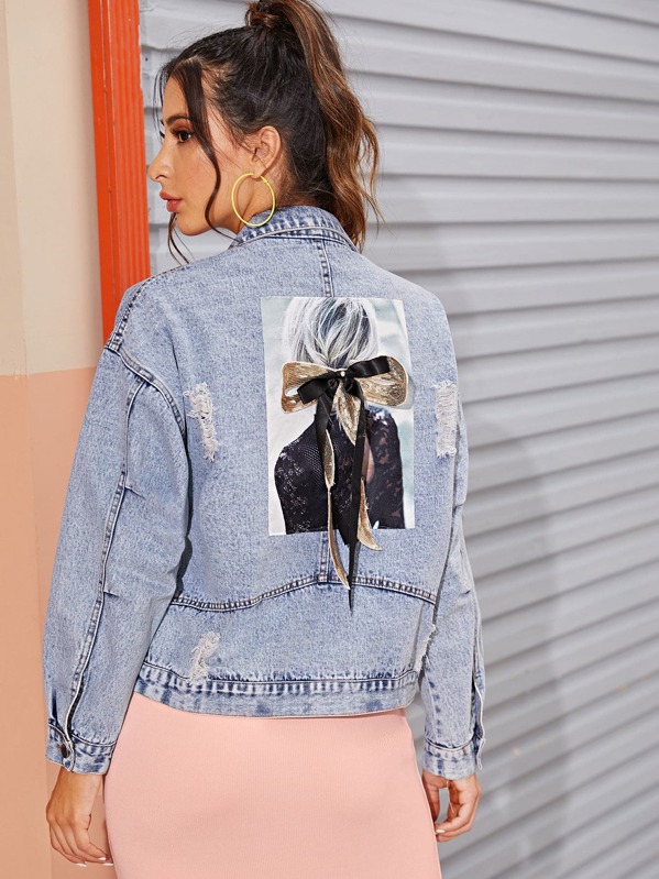 

Figure Print Bow Back Ripped Denim Jacket, Blue, Gabe