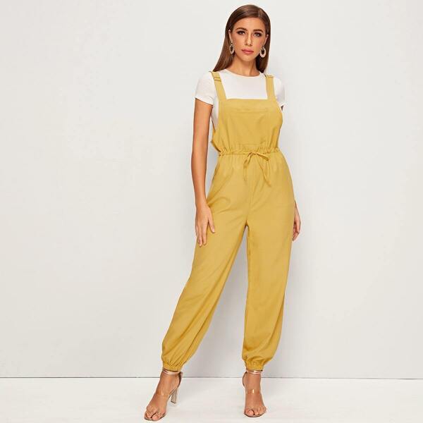 

Pocket Front Drawstring Waist Overalls, Yellow