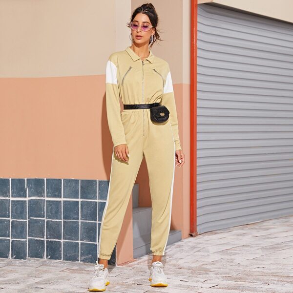 

Contrast Panel Zipper Decoration Jumpsuit Without Bag, Khaki
