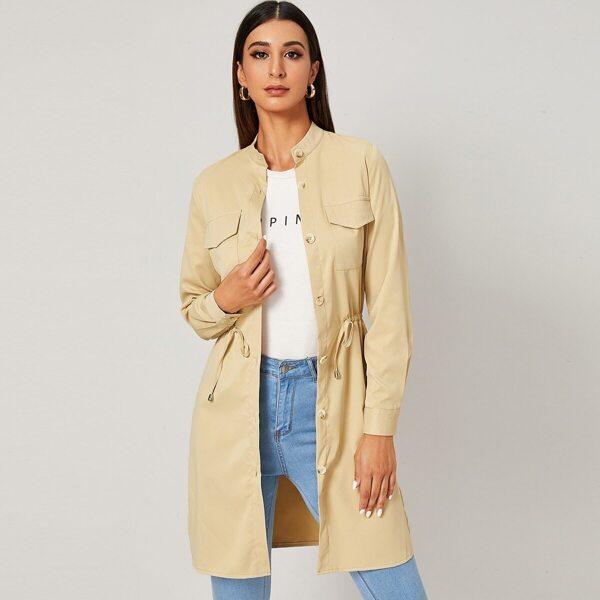 

Flap Pockets Drawstring Waist Utility Coat, Beige