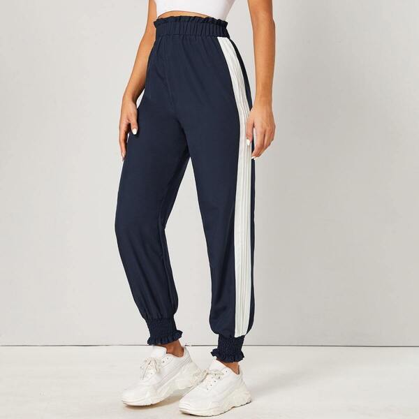 

Contrast Pleated Side Frill Cuff Hem Joggers, Navy