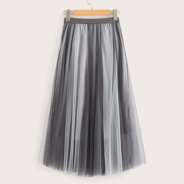 

Overlay Mesh Elastic Waist Skirt, Grey