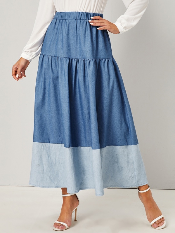 

Contrast Panel Elastic Waist A-line Denim Skirt, Blue, Gabe