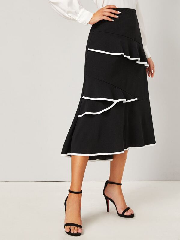 

Contrast Binding Tiered Layer Ruffle Skirt, Black, Gabe