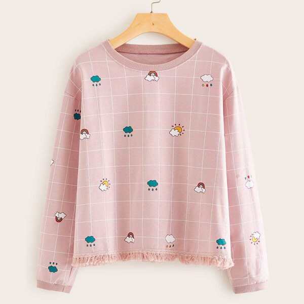 

Weather Print Fringe Hem Sweatshirt, Pink