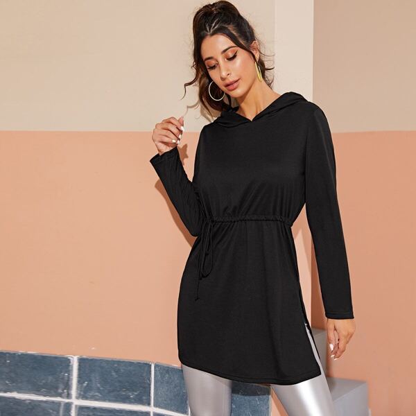 

Gathered Waist Slit Hem Hoodie, Black