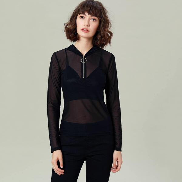 

Quarter Zipper Hooded Sheer Mesh Top Without Bra, Black