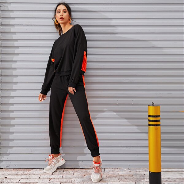 

Contrast Panel Sweatshirt With Spliced Joggers Without Bag, Black